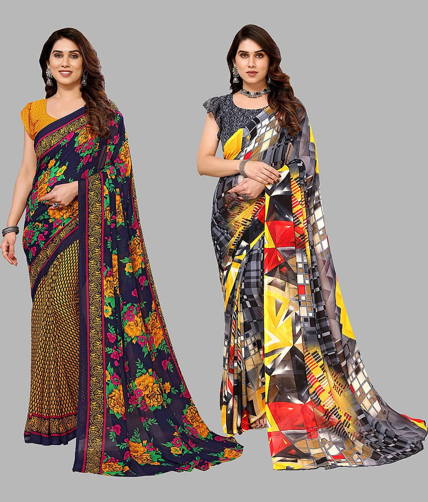 ANAND SAREES Georgette Printed Saree With Unstitched Blouse Piece ( Multicolour )
