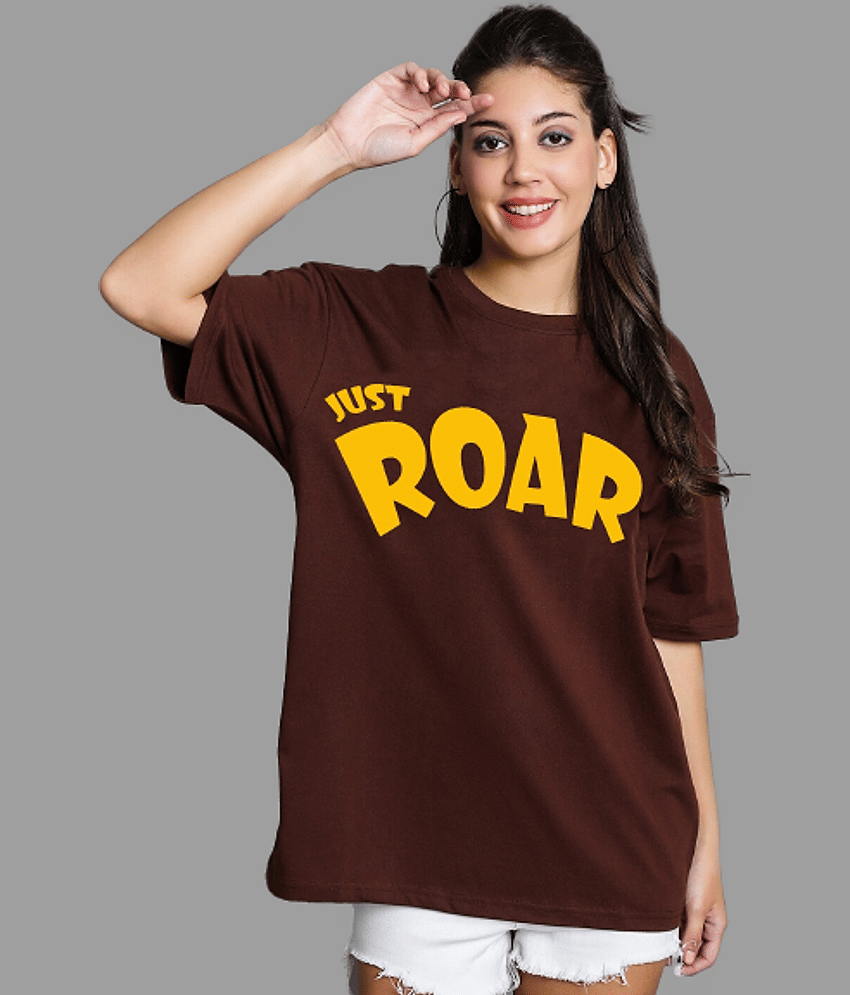 Trond Women Cotton Blend Printed Oversized Fit Round Neck T-Shirt ( Brown )