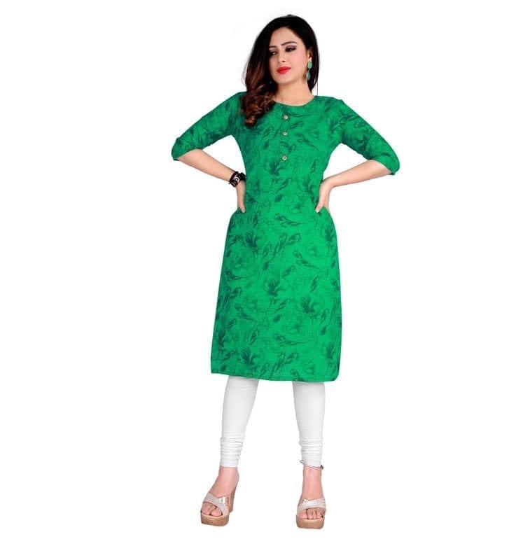 Women's Casual 3/4th Sleeve Printed Cotton Kurti (Green, M)-PID46126