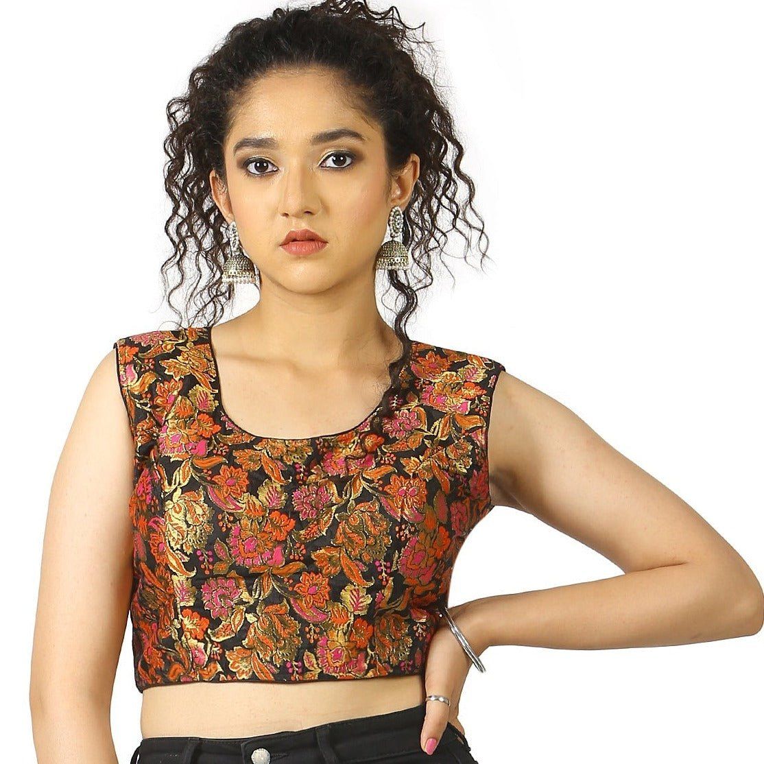 TheHangr Black Brocade Flower Print Blouse - 36