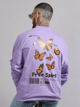 Men Printed Oversized Sweatshirt Pure Cotton Full Sleeve Lavender-XXS