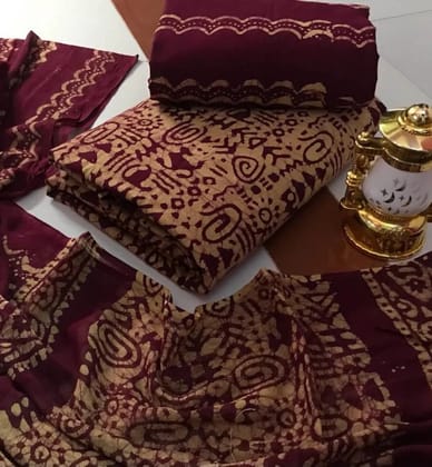Cotton Satin Hand Blocked wax Batik Salwar Material (Unstitched)-1