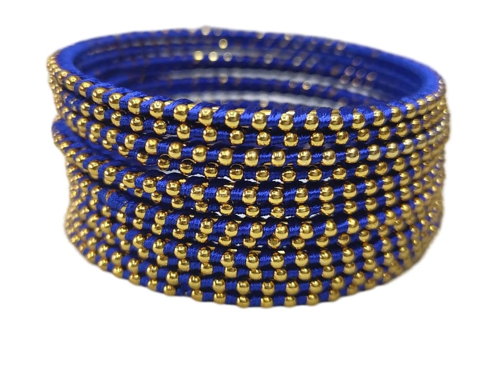 Blue Silk Thread Bangle Set with Golden Beads