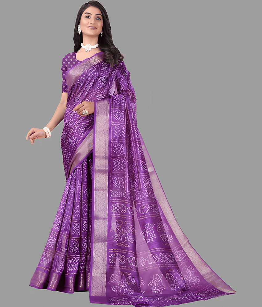 Sitanjali Cotton Printed Saree With Unstitched Blouse Piece ( Purple )