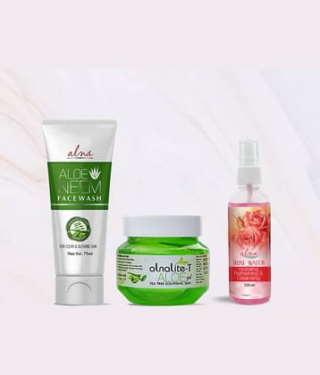 Alna Aloe Neem Face Wash 75ml with Alnalite-T Aloe Gel 100gm & Rose Water 100ml , Pack of 3