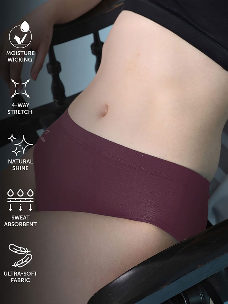 Freecultr Women’s Micromodal Mid-Rise Hipster | Super Soft & Breathable Fabric | Medium Rear Coverage | Comfortable Stretch Elastic | Pack of 3 |Color - Sable Black,Avocado Green,Port Wine