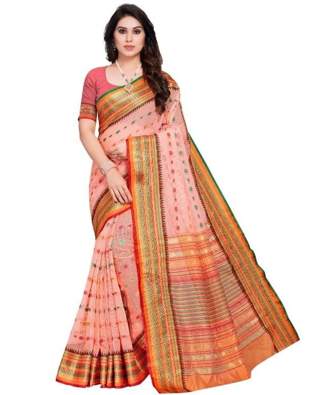 Generic Women's Kota Doria Cotton Woven Butta Saree With Blouse (Peach, 5-6  Mtr)