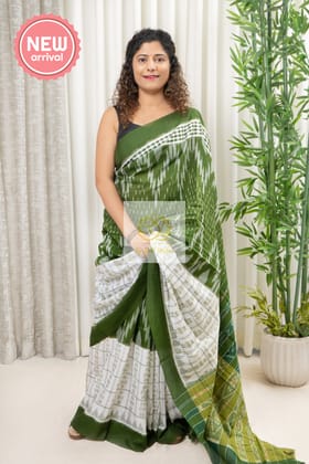 Odisha Ikkat Khandua Cotton Saree- Henna Green and White