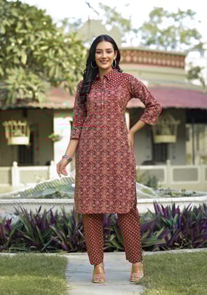 Maroon Printed Shirt Style Co-ord Set-S