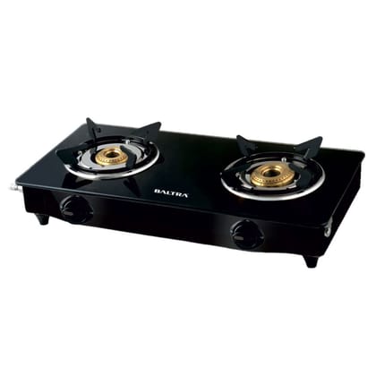 Baltra Glimmer Black Glass Top Gas Stove with Brass Burners, Manual Ignition. ISI Certified with a 2-Year Warranty. Stylish and durable kitchen essential