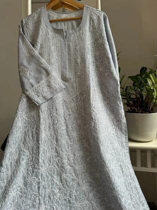 Cotton Chikankari Kurti - Grey -white thread work-Grey / cotton / 2XL