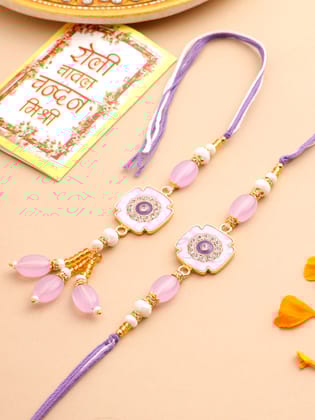 NVR Set of 2 Purple Artificial Stones & Beads Floral Design Thread Bhaiya Bhabhi Rakhi with Roli Chawal Chandan & Mishri-One Size / Purple