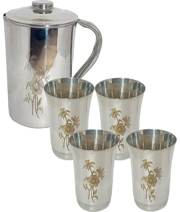 A & H ENTERPRISES Daily Use Floral Stainless Steel Jug and Glass Combo 1800 mL