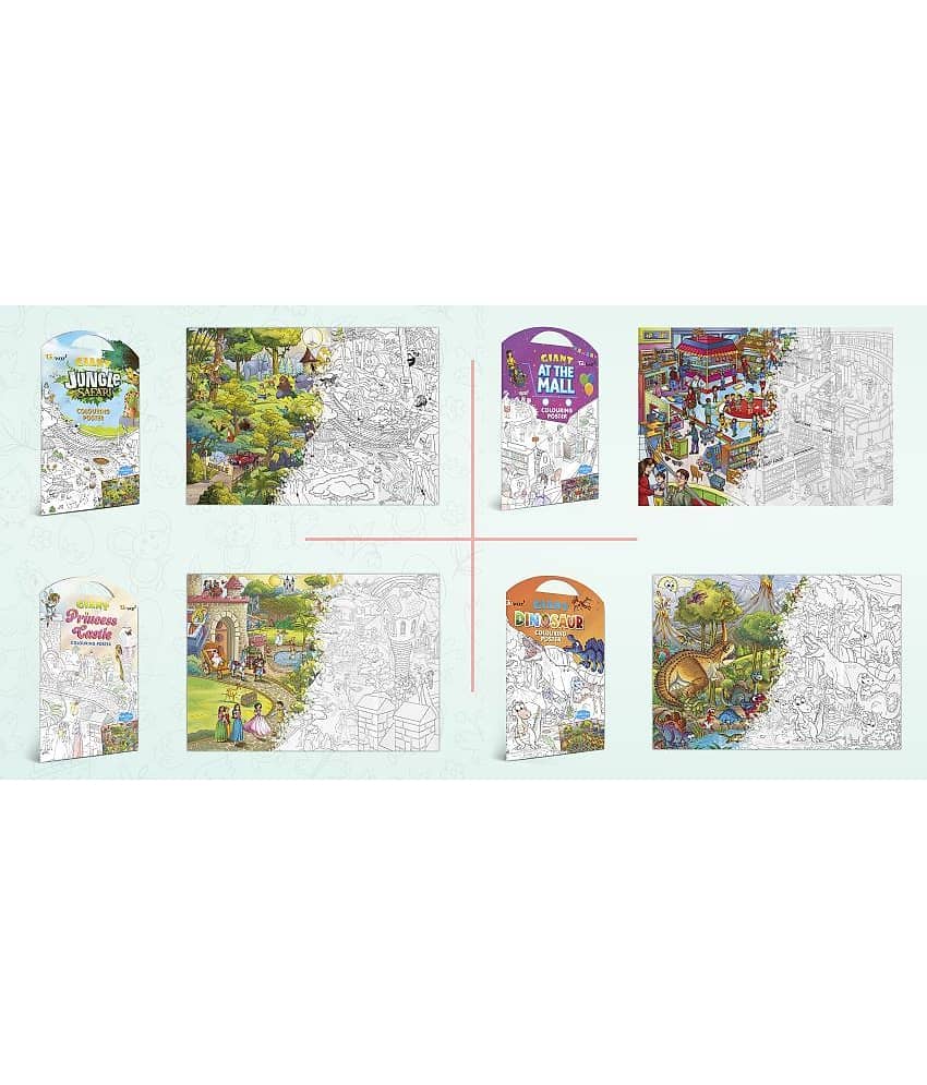 GIANT JUNGLE SAFARI COLOURING POSTER, GIANT AT THE MALL COLOURING POSTER, GIANT PRINCESS CASTLE COLOURING POSTER and GIANT DINOSAUR COLOURING POSTER | Gift Pack of 4 Posters I jumbo size colouring poster for kids