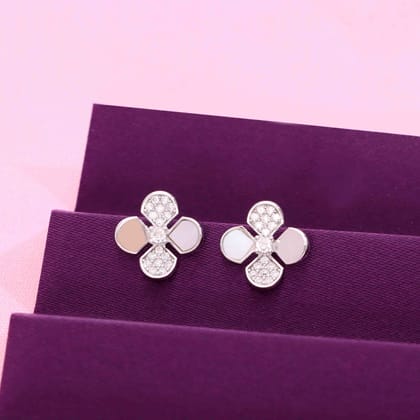 Sterling Silver Minimalistic Floral Stud Earrings-White Stone / Silver