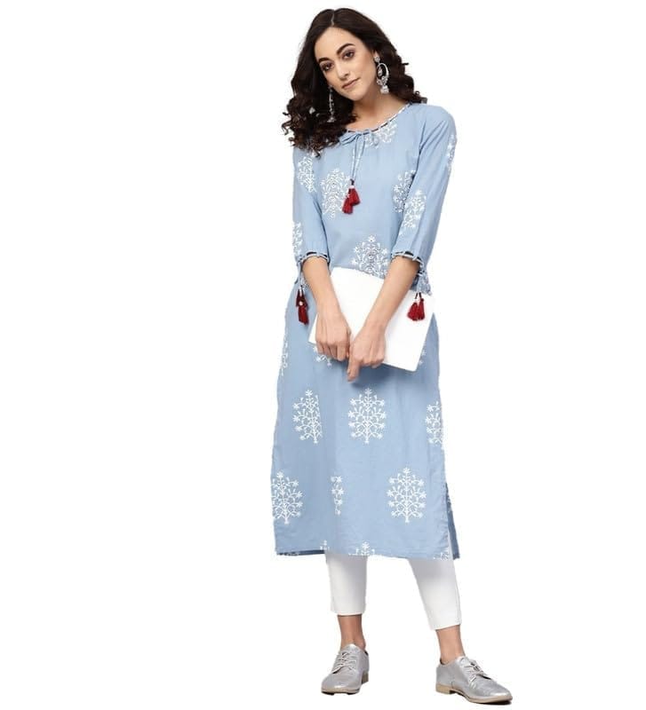 Women's Casual 3/4 th Sleeve Embroidery Cambric Cotton Kurti (Blue, S)-PID48558