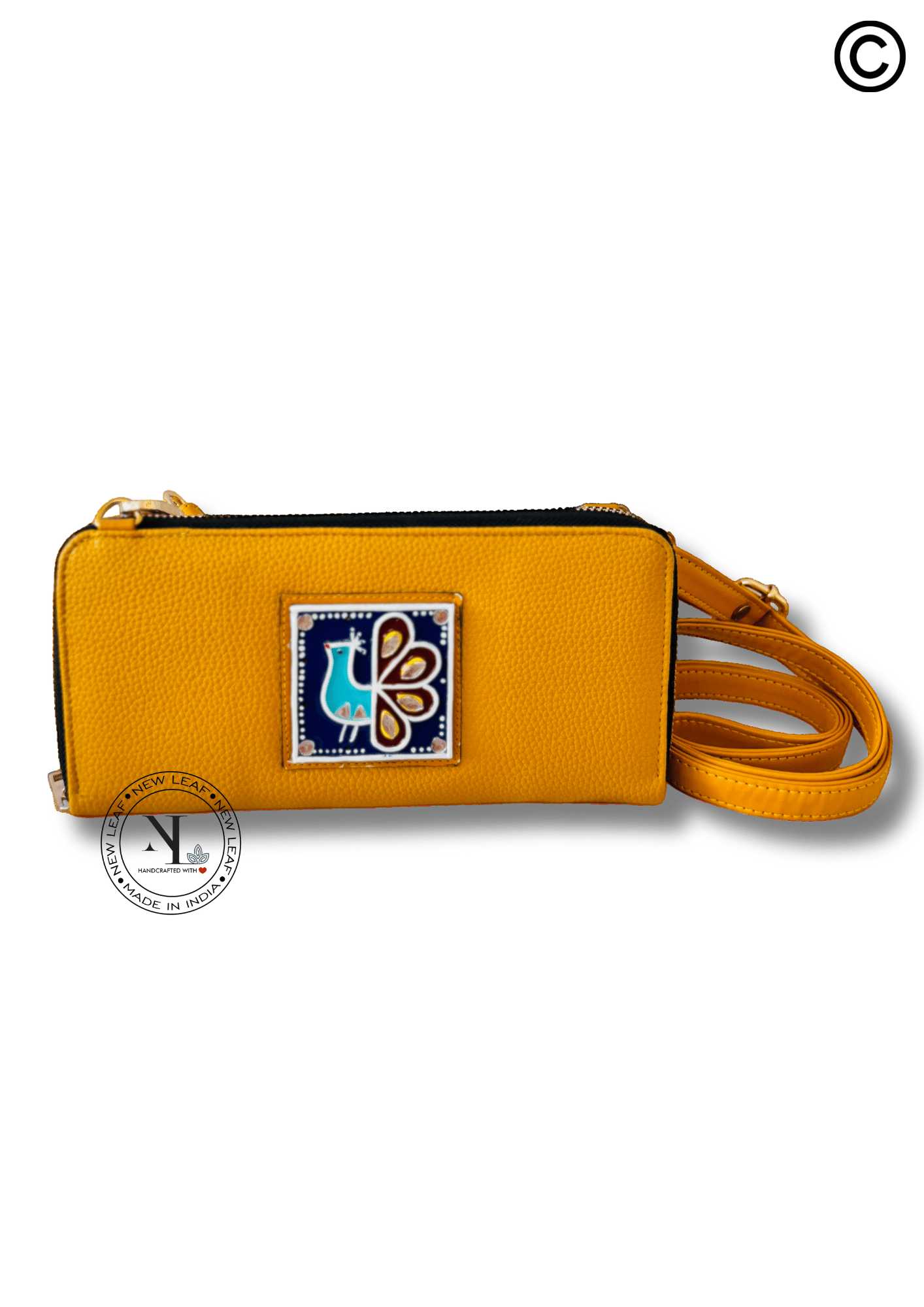 Peacock yellow Handcrafted Lippan Art Wallet Sling