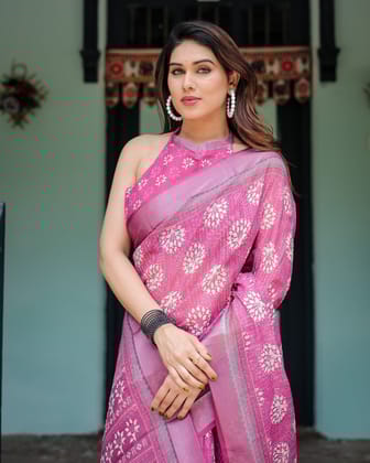 Magenta Pure Cotton Linen Saree with White Floral Block Print, Blouse, and Tassel Detailing-Regular