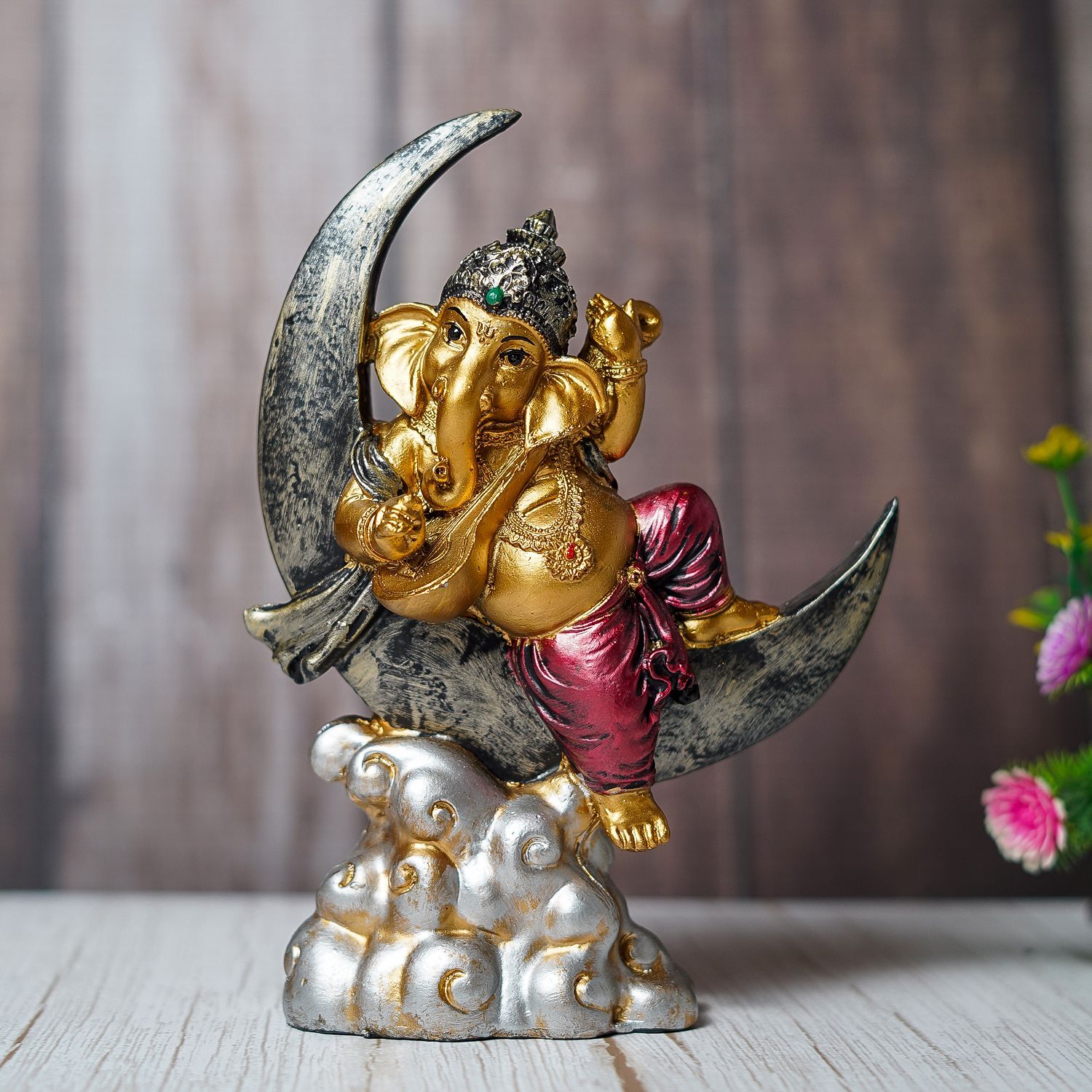 Craftlayout Resin Ganesha Idol Sitting On Moon & Playing Sitar 20 Cm