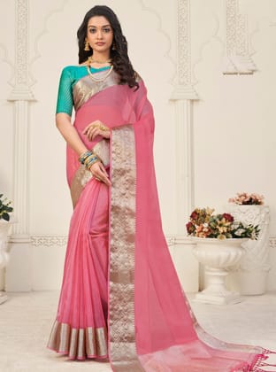 Pink Soft Organza Silk Zari Weaving Saree
