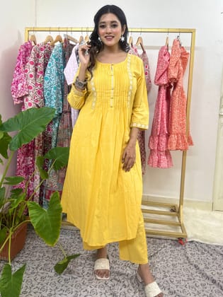 Yellow Printed Cotton Coord Set-Xl