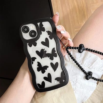Cute Wave Love Black Butterfly Lanyard Charm iPhone Soft Case-iPhone 14 Pro