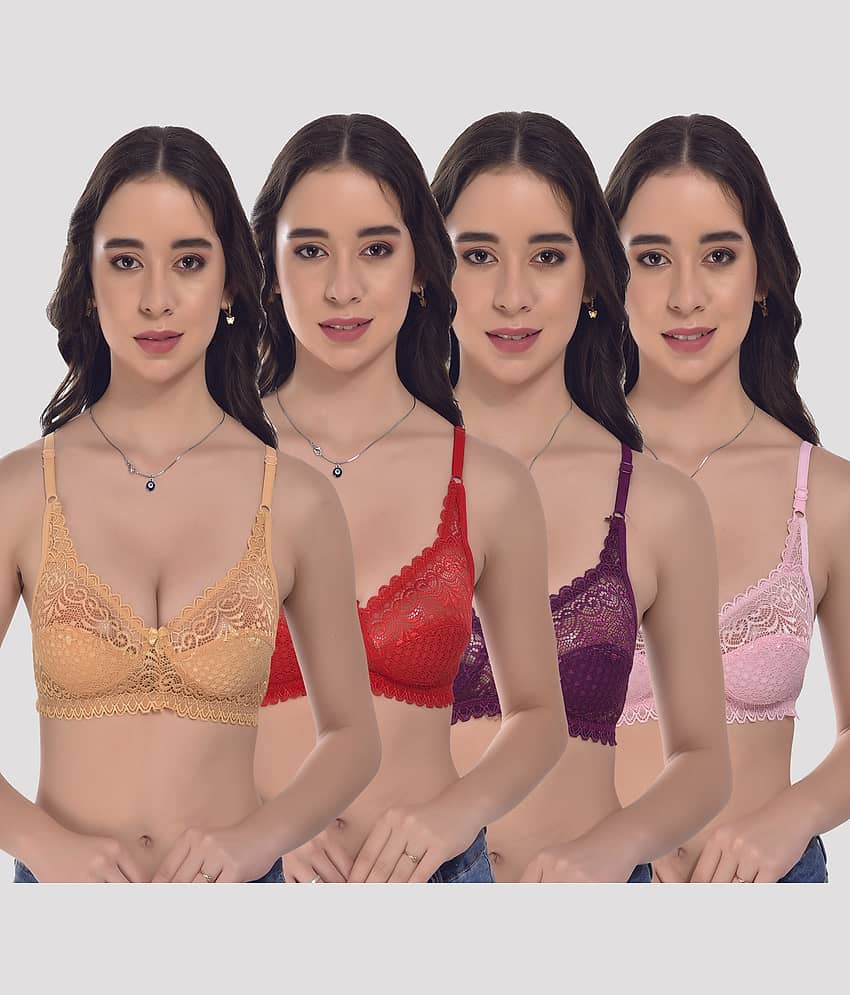 LadySoft Pack of 4 Lace Non Padded Women's Everyday Bra ( Multicolor )
