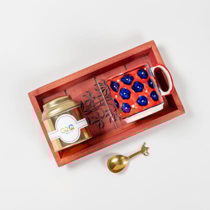 Gift Set of Serving Tray, Tea Cup, Tea Jar & Spoon-Serving Tray x 1 / Tea Cup x1 / Tea Tin Jar x 1 (30 gms) / Measuring Spoon x 1 / 10.25 inches x 5.75 inches x 4.75 inches (Box Dimensions)