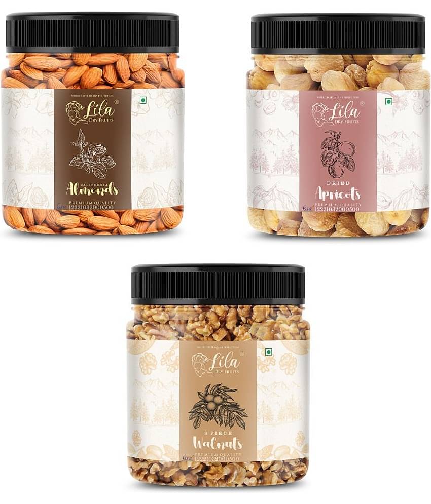 Lila Dry Fruits Almond (100gm), Walnut(100gm) & Apricots(100 gm) Combo | Badam Akhrot & Khubani