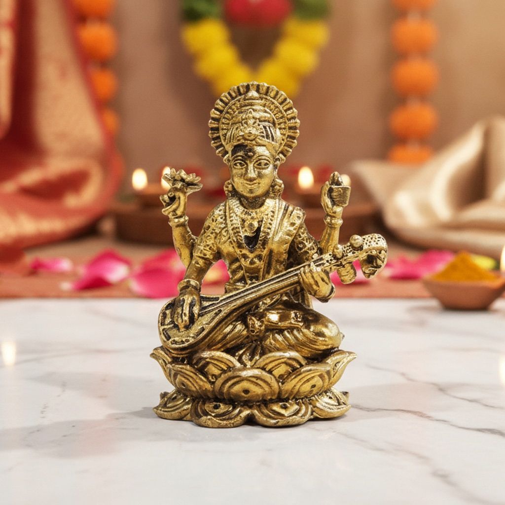 Mini Brass Saraswati Ji Idol Statue for Gifting, Height : 1.5 Inch (BSMAS1923 C) - Pooja Needs | Buy online on ZillyBuy