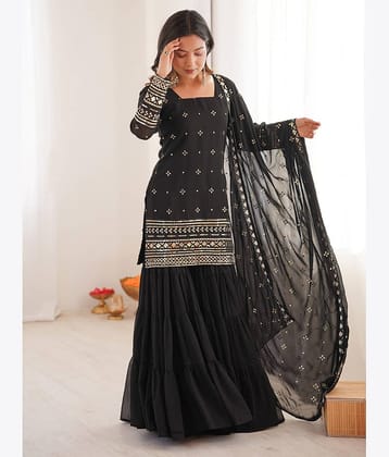 kedar fab Women Georgette Embroidered Straight Kurti With Sharara And Gharara ( Black )