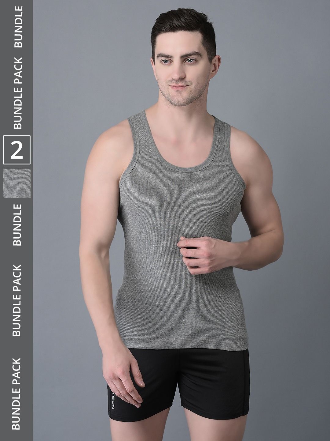 Men's Grey Pack of 2 Solid Combed Cotton Vest