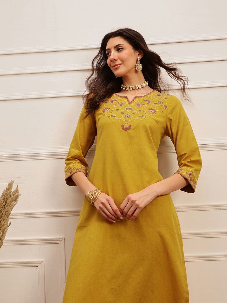 Mustard Floral Embroidered Kurta