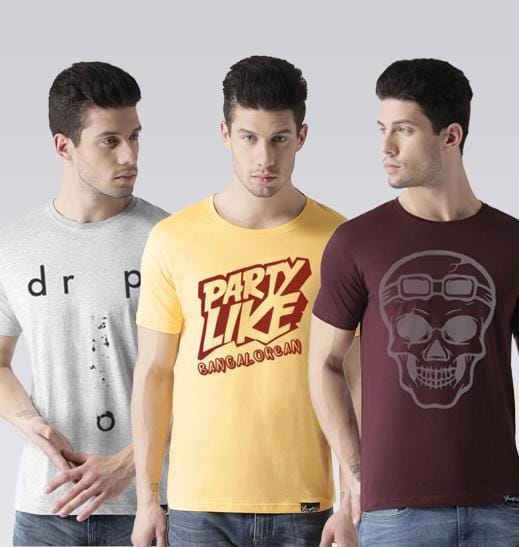 Young Trendz Mens Combo Drop Grey Color Partyb Yellow Color and Skull Maroon Color Half Sleeve Printed T-Shirts-Grey/Yellow/Maroon / Medium / 100% Bio Wash Cotton