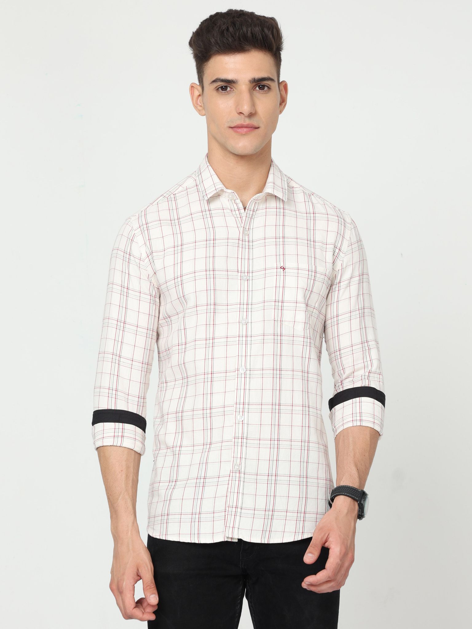 Classic Polo Mens Cotton Full Sleeve Checked Slim Fit Polo Neck Pink Color Woven Shirt | SO1-96 A-FS-CHK