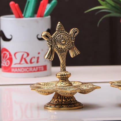 DreamKraft Metal Tirupati Balaji Panch Mukhi Diya | Chakar Stand | Gold Plated | Home & Office Pooja Decor | 11x11x12.5cm