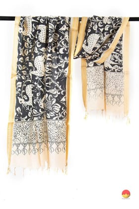 Monochrome Handpainted Kalamkari Mangalgiri Dupatta With Zari Border PVD 1034