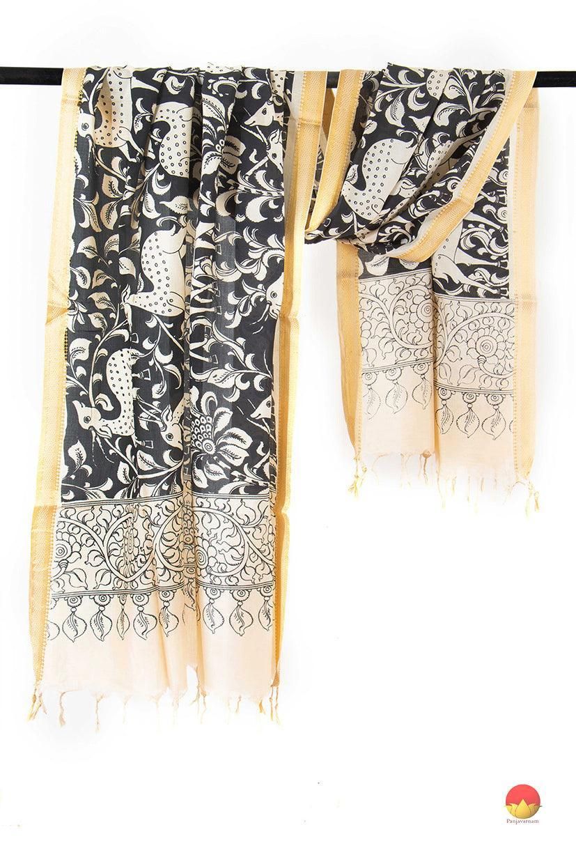 Monochrome Handpainted Kalamkari Mangalgiri Dupatta With Zari Border PVD 1034