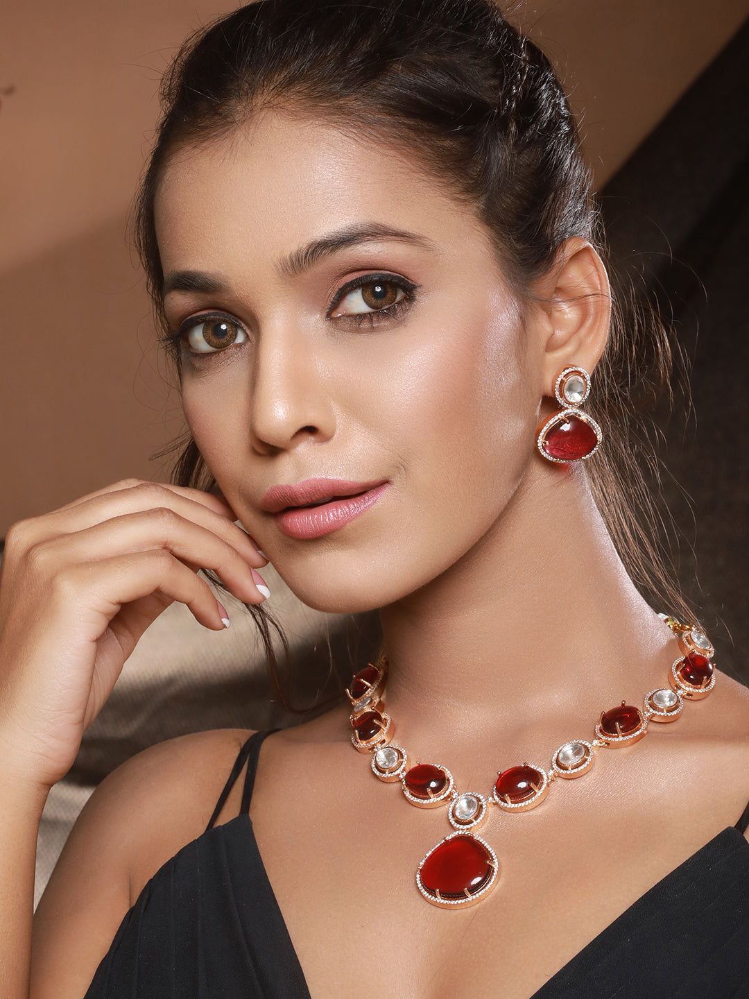 Gold Plated Ruby Red Original Kundan Studded Luxe Bridal Jewellery   Set