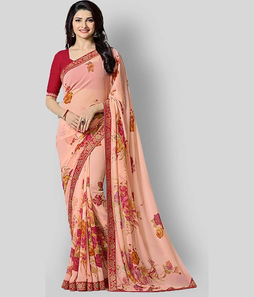 Gazal Fashions Chiffon Printed Saree With Unstitched Blouse Piece ( Peach )