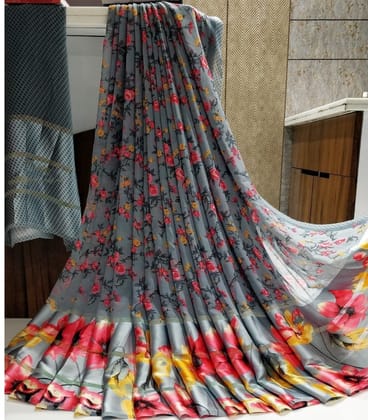 Women's Sattin Patta Printed Saree with Unstitched Blouse (Grey)