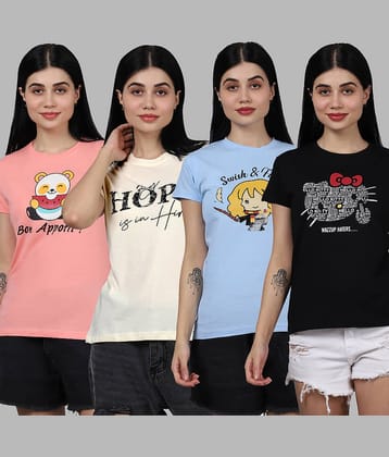 Fabflee Women Cotton Printed Regular Fit Round Neck T-Shirt ( Multi Color )
