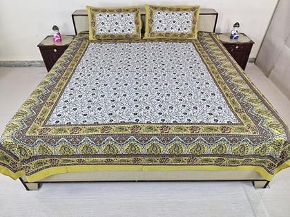 Bed Sheet Set with Pillow Covers, Floral Printed Cotton size210 cm X 226 cm, Mustard Yellow,Green, Rich Brown and White, Best use at Single Bed and Deewan.