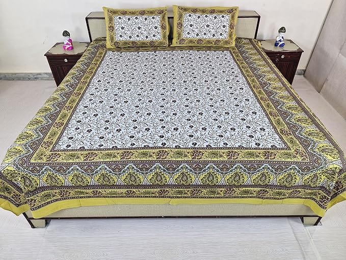 Bed Sheet Set with Pillow Covers, Floral Printed Cotton size210 cm X 226 cm, Mustard Yellow,Green, Rich Brown and White, Best use at Single Bed and Deewan.