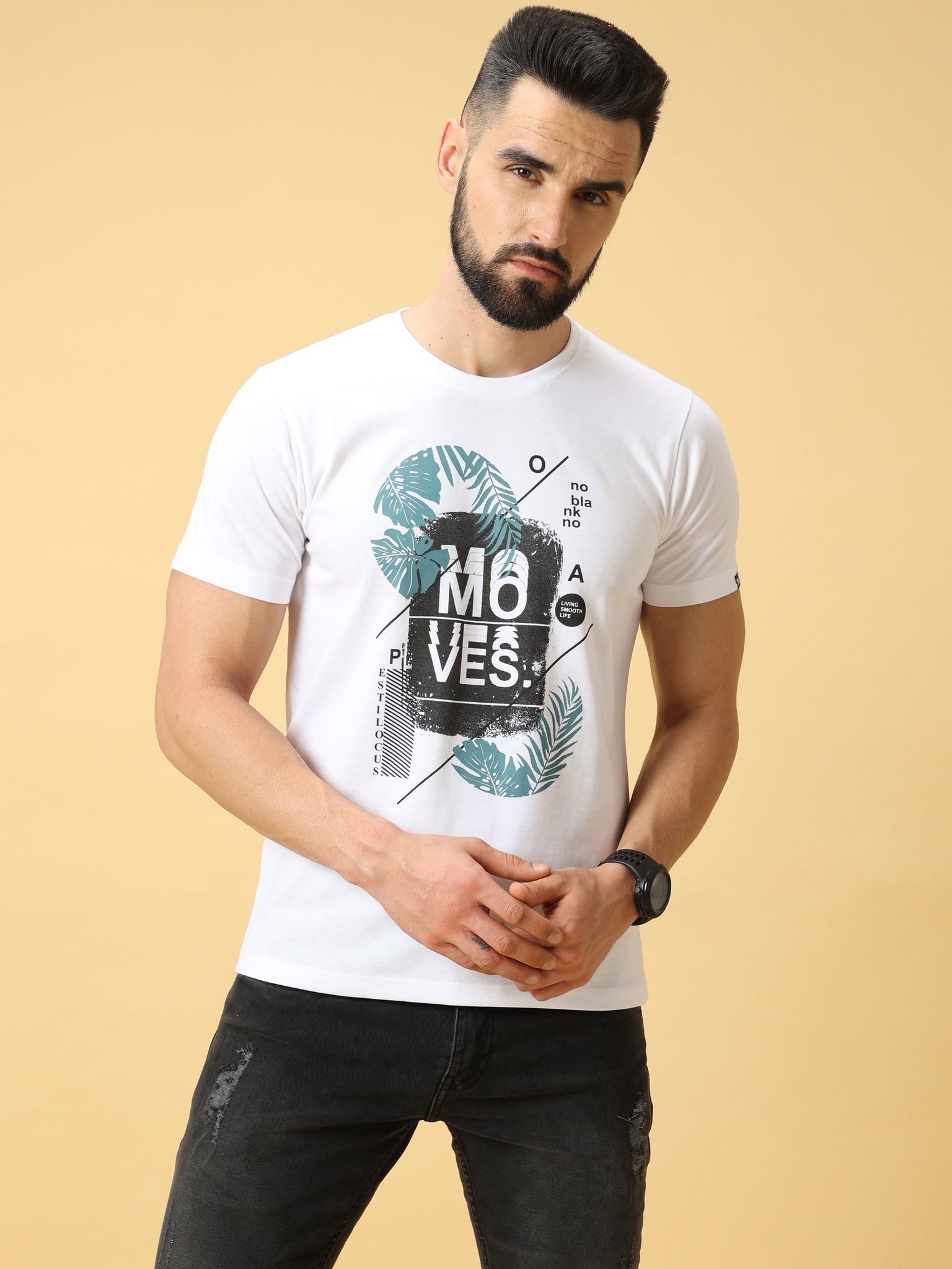 Moves Chest Print Black/Blue Crew Neck T-Shirt-M