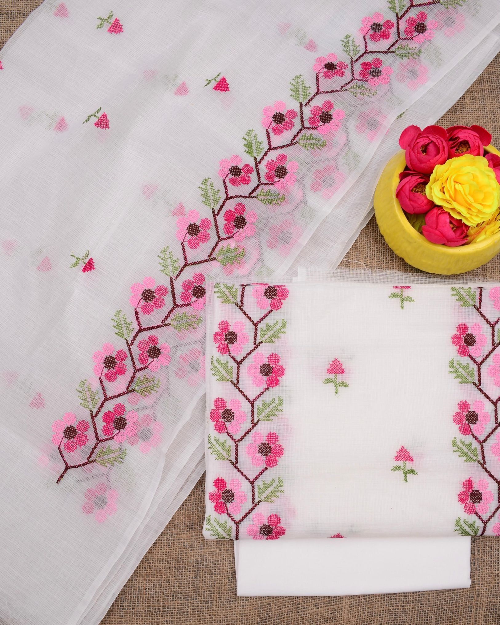 Kashidakari Kota Doria Embroidered Bright White Suit