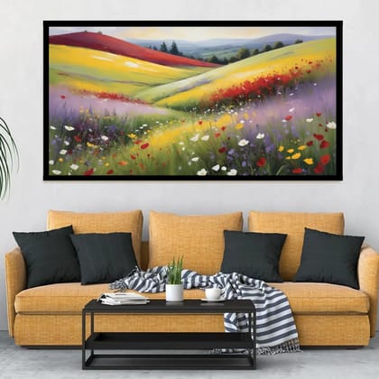 Luminary Bloom Symphony – Radiant Meadow Escape Museum-Quality Cotton Canvas Art for Living Room Décor | Frame Size (127 X 69 Cm) | Frame Type (Black) | 5-Year Warranty