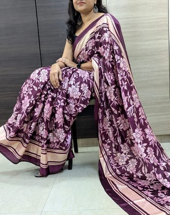 moss silk Blouse running Foil print Flower print with foil touch Washable saree