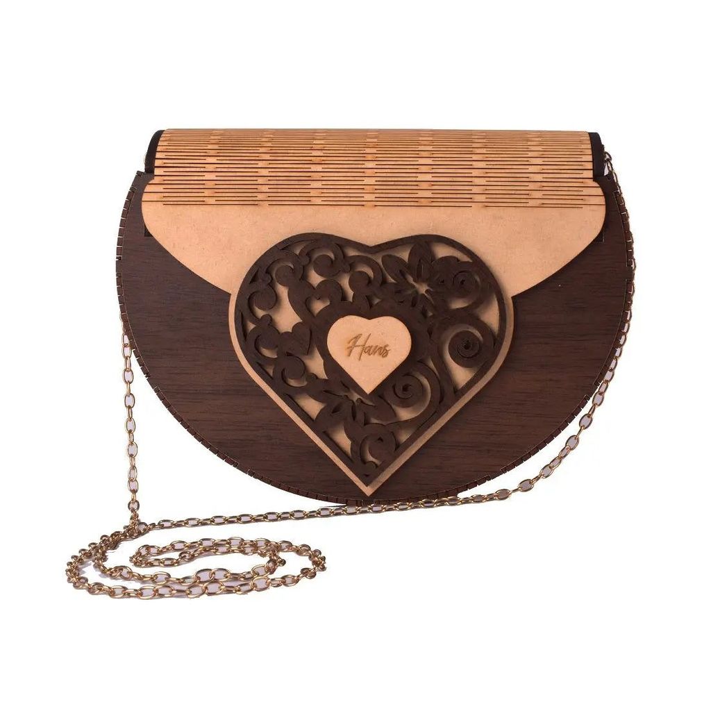 Handcrafted Wooden Heart Engraved Handbag with Gold Chain Strap - Stylish Eco-Friendly Crossbody Bag for Perfect Rakhi Festival Gift for sister