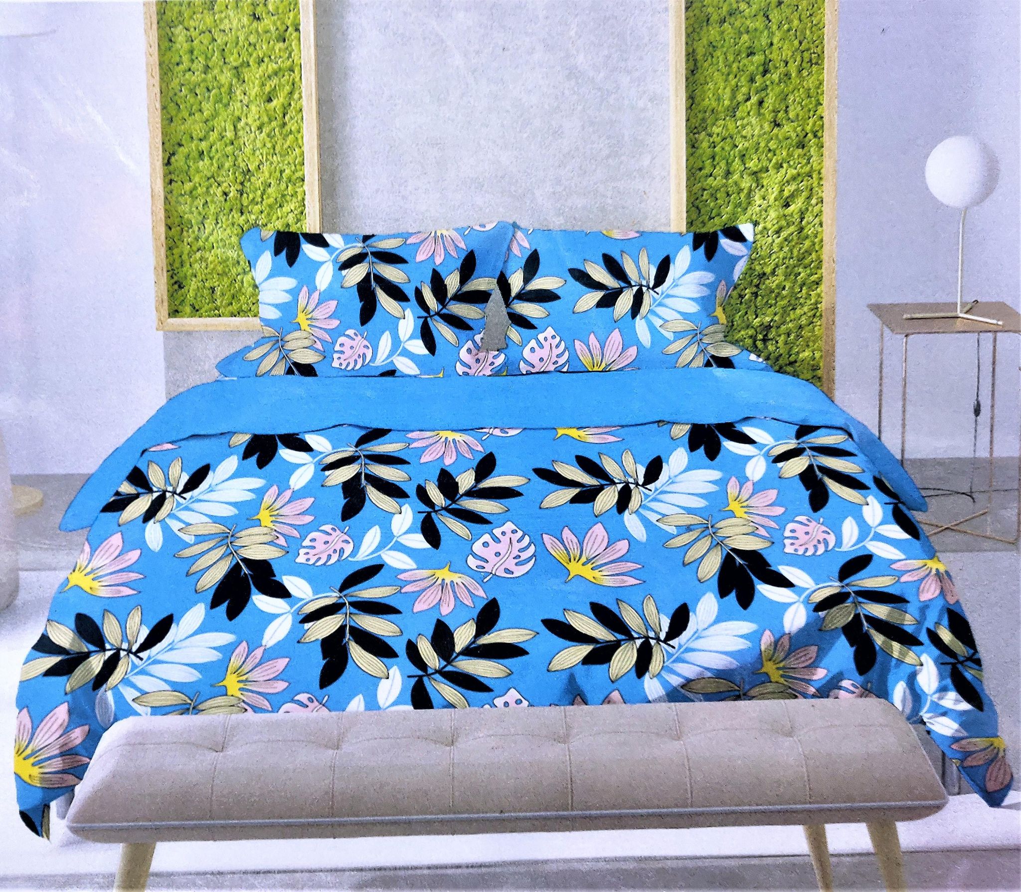 Cotton Blend 250 TC Printed Multicolor King Size Double Bedsheet with 2 Pillow Covers – Blue Leaf Print - 108 X 108 Inches (9 x 9 Feet) by Omkar by R3 Inc.